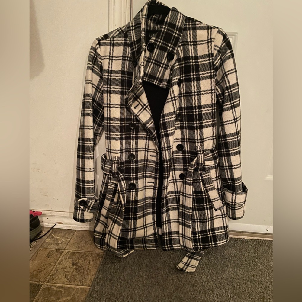 Elegant Black and White Plaid Trench Coat